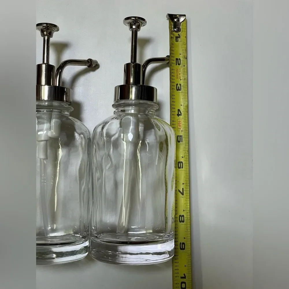 Two Elegant Clear Glass Oilcan Soap & Lotion  Dispenser Set w/Chrome Accents